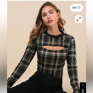 Lulu's Black Plaid Cutout Long Sleeve Top